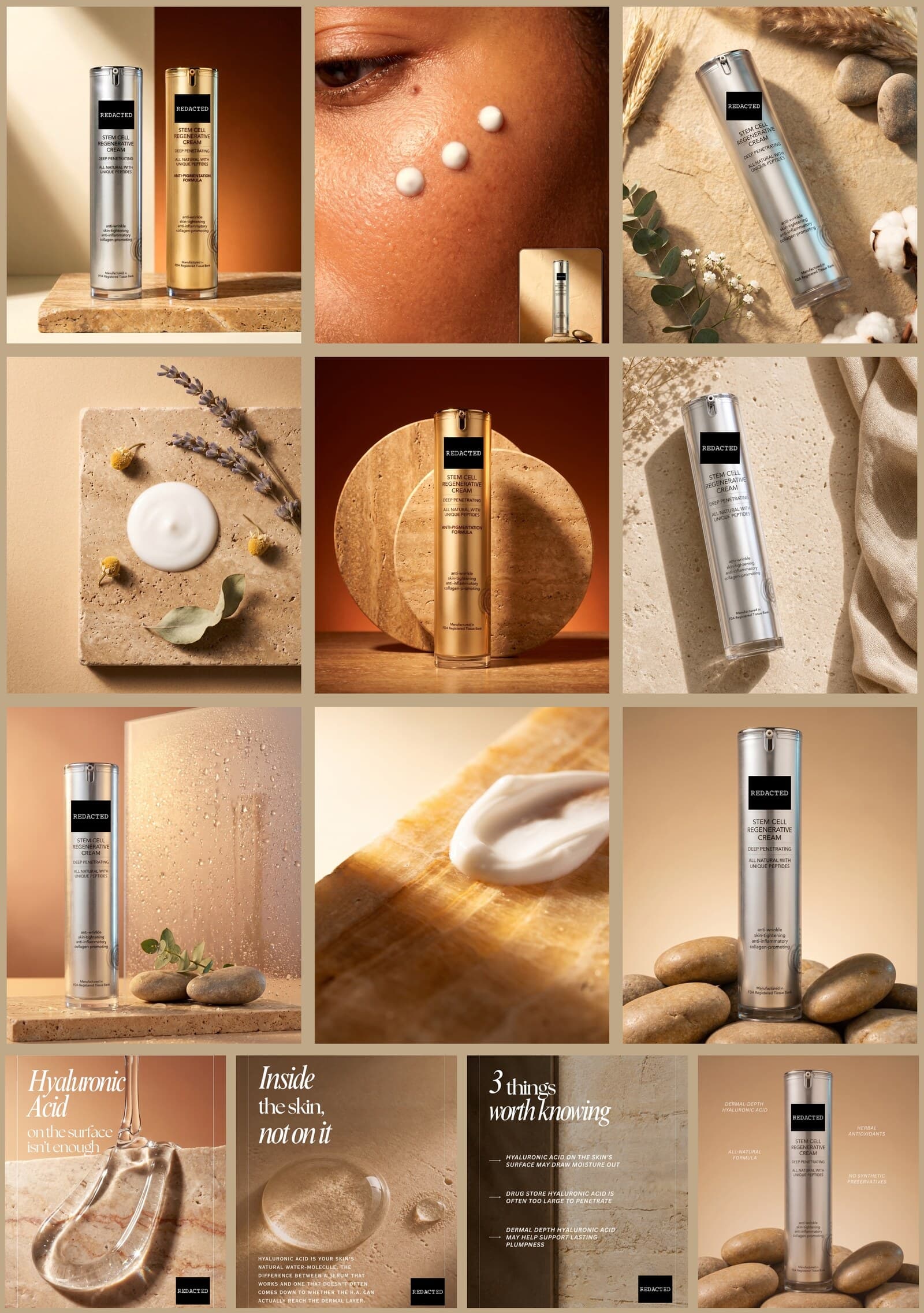 A grid of on-brand skincare content produced by the pipeline: product, lifestyle, and educational carousels