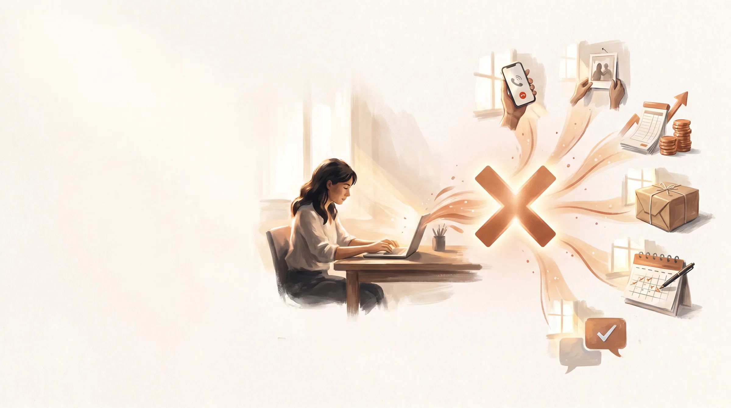 A person at a laptop, their work multiplying through a glowing copper cross into calls, social posts, finances, shipping, and scheduling